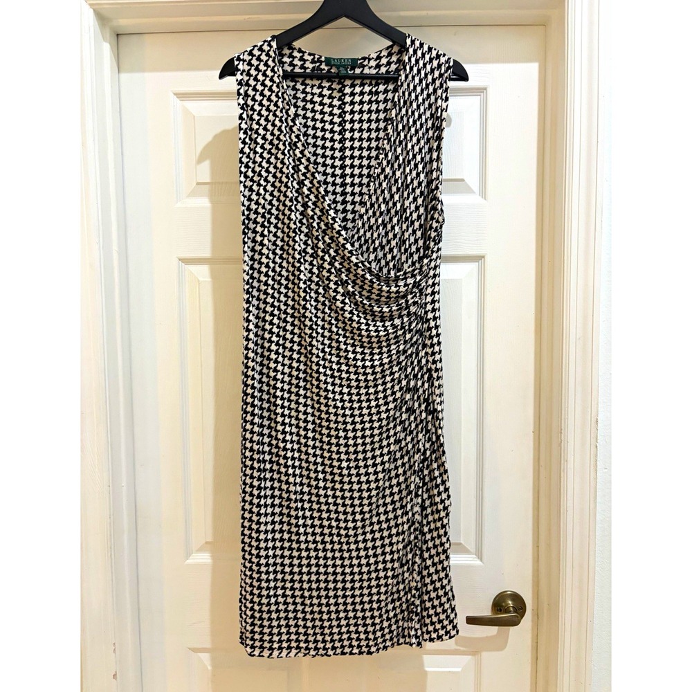 Lauren Ralph Lauren Black White Houndstooth V-Neck Sheath Dress 1X